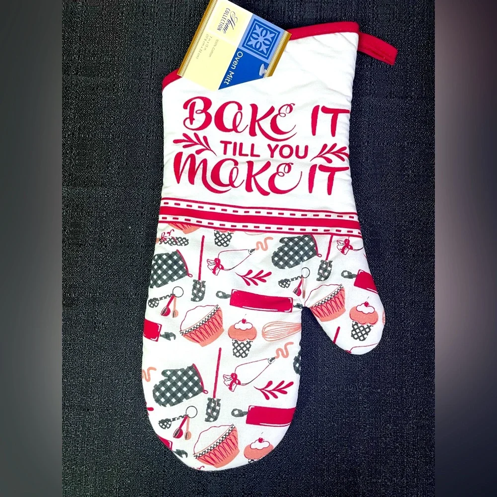 5-Pc Kitchen Set BAKE IT TILL YOU MAKE IT Towels Pot Holders Mitt Red White NWT